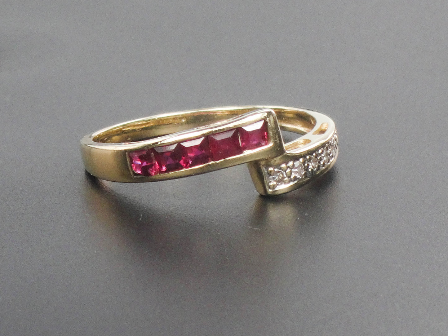 Vintage 14k Yellow Gold Ruby and Diamond Ring Crossover Style Ring Size 7.75