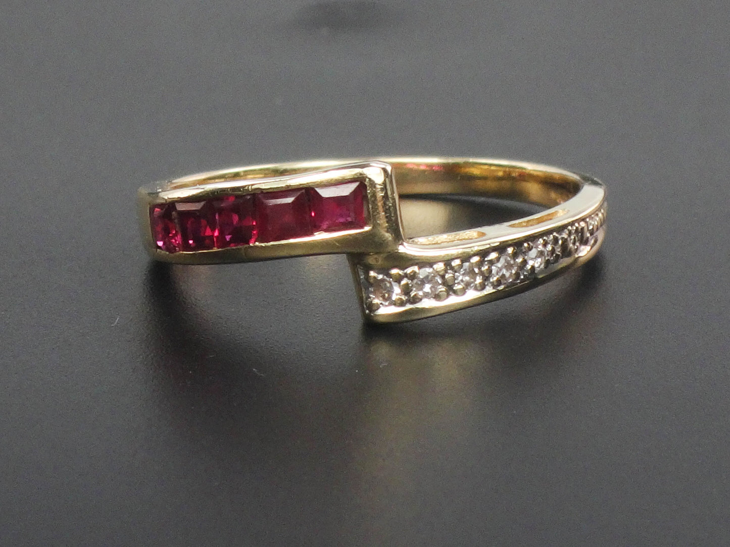 Vintage 14k Yellow Gold Ruby and Diamond Ring Crossover Style Ring Size 7.75
