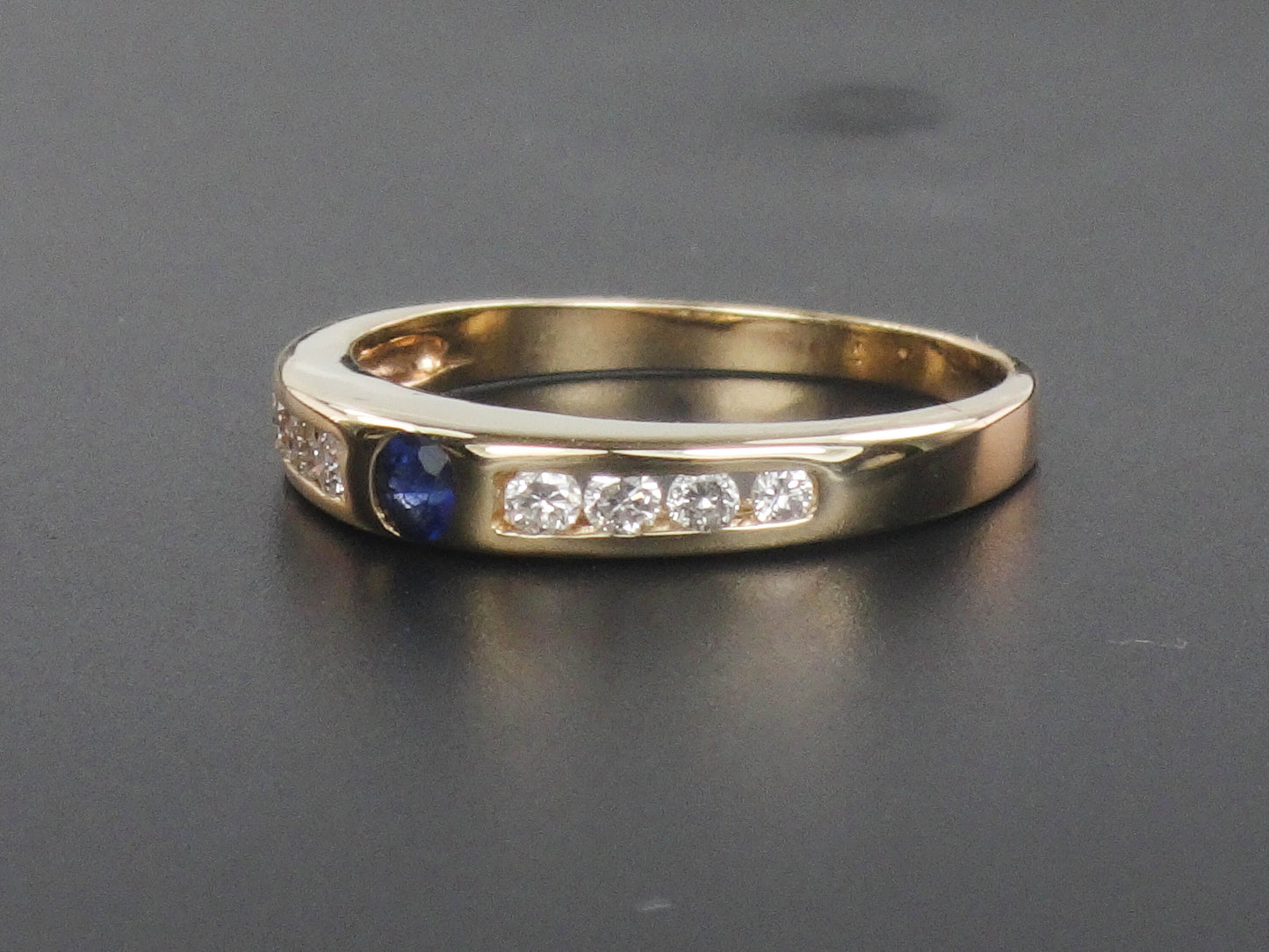 Vintage 14k Yellow Gold Natural Blue Sapphire and Diamond Band - Stacking Ring - Size 6