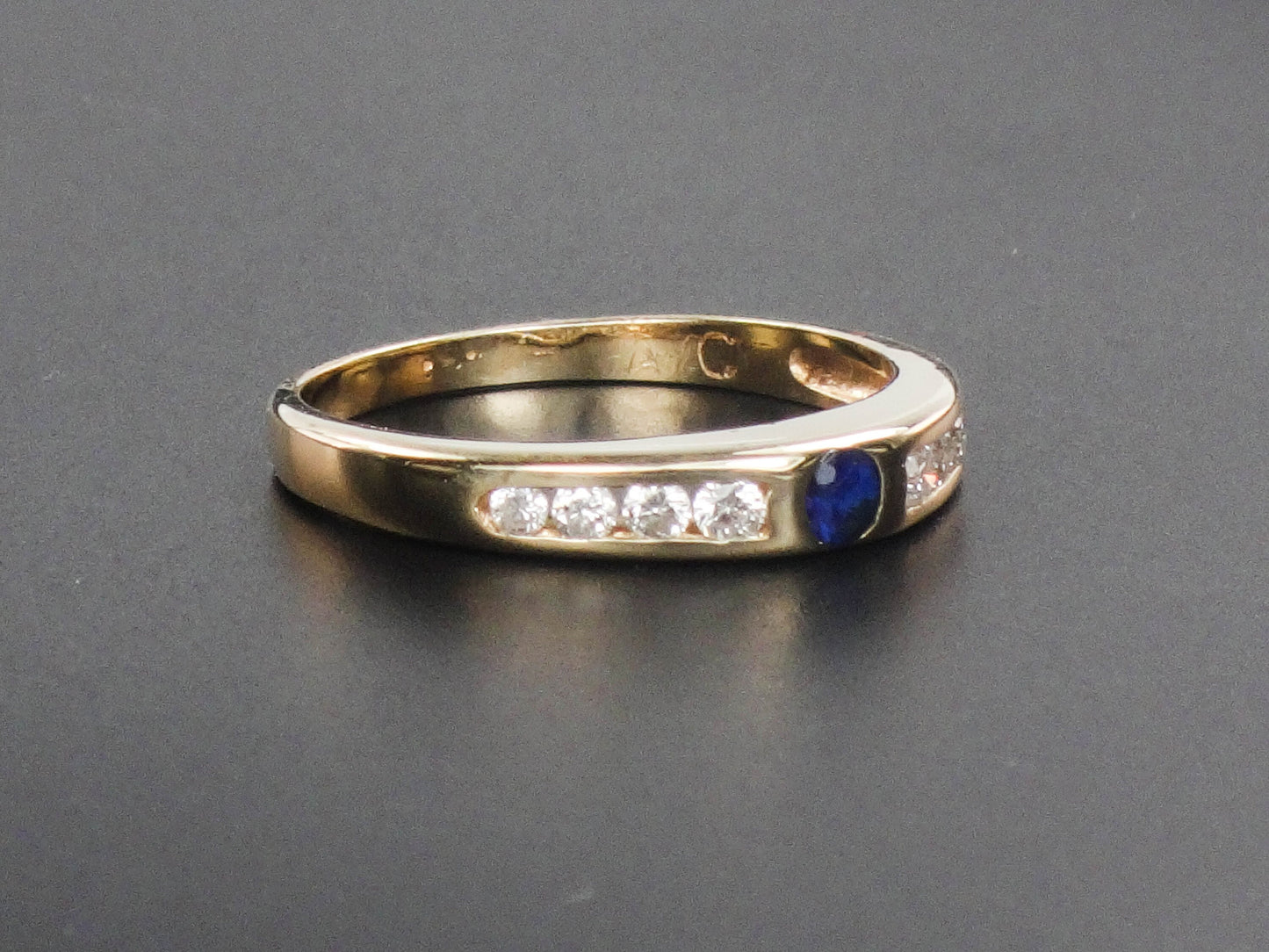 Vintage 14k Yellow Gold Natural Blue Sapphire and Diamond Band - Stacking Ring - Size 6