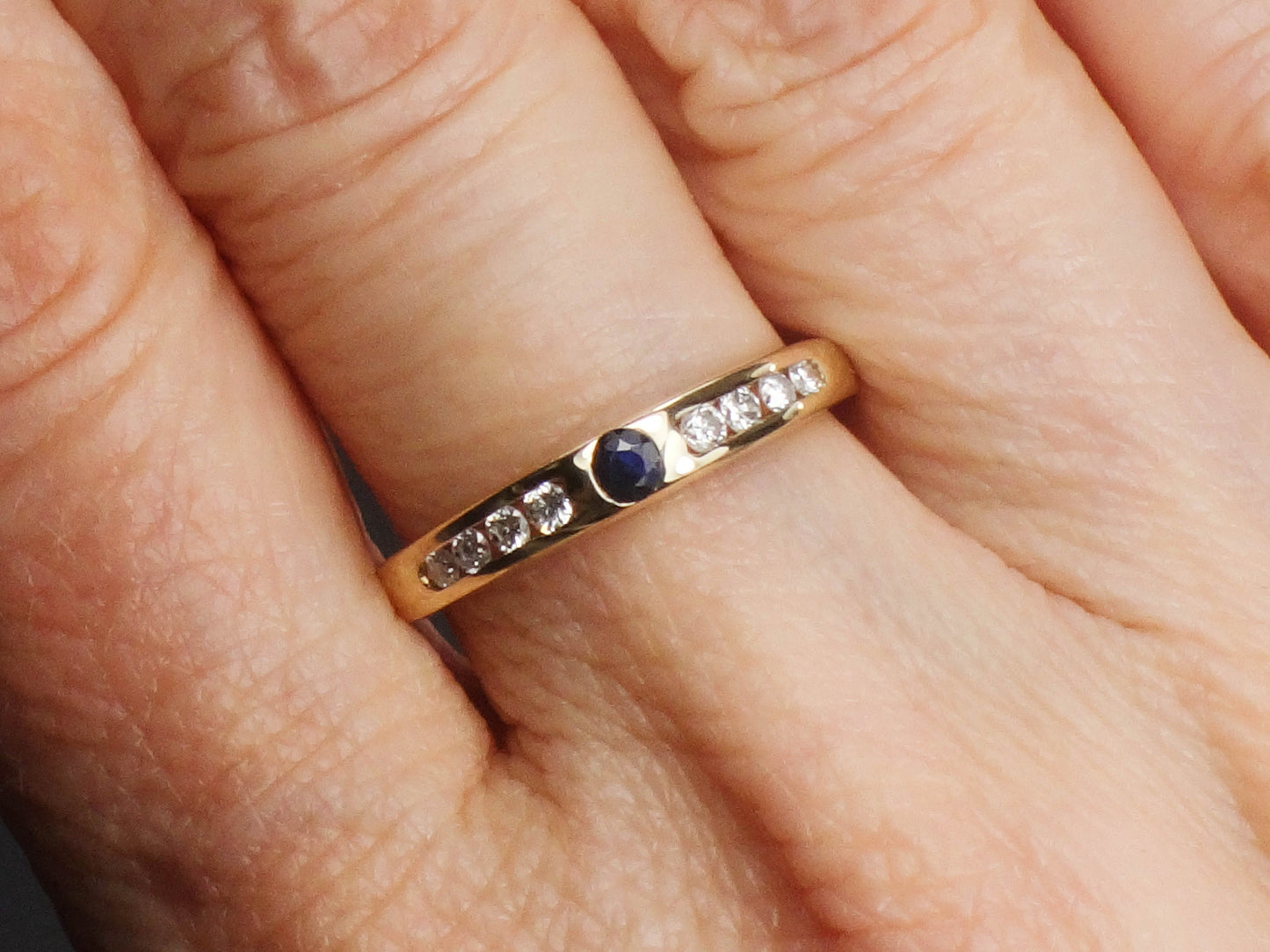 Vintage 14k Yellow Gold Natural Blue Sapphire and Diamond Band - Stacking Ring - Size 6
