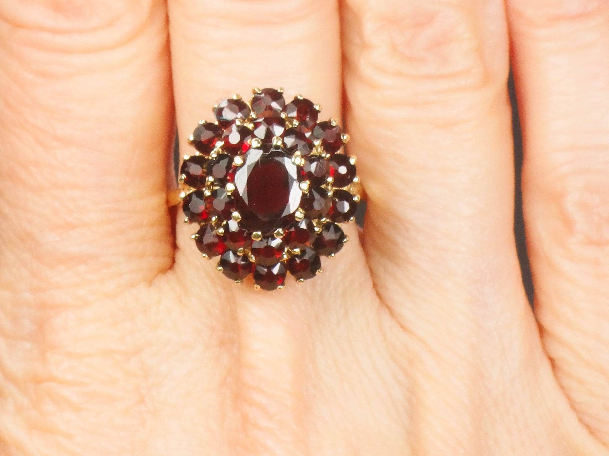 Vintage 14k Yellow Gold Bohemian Garnet Cluster Ring January Birthstone Size 7.25