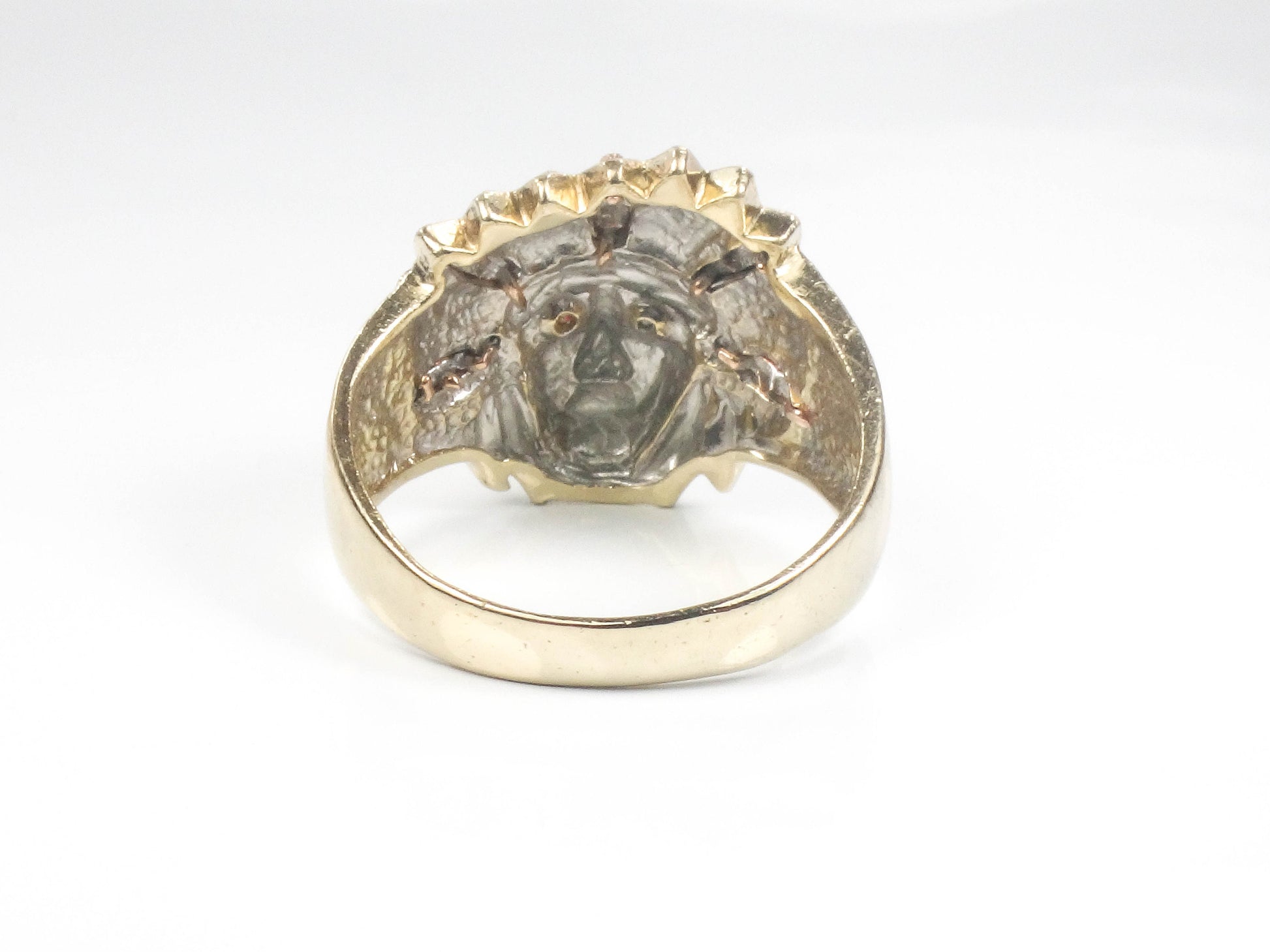 Vintage 14k Gold Indian Chief Ring: Diamond & Ruby Headdress, Size 10, Tri-Color