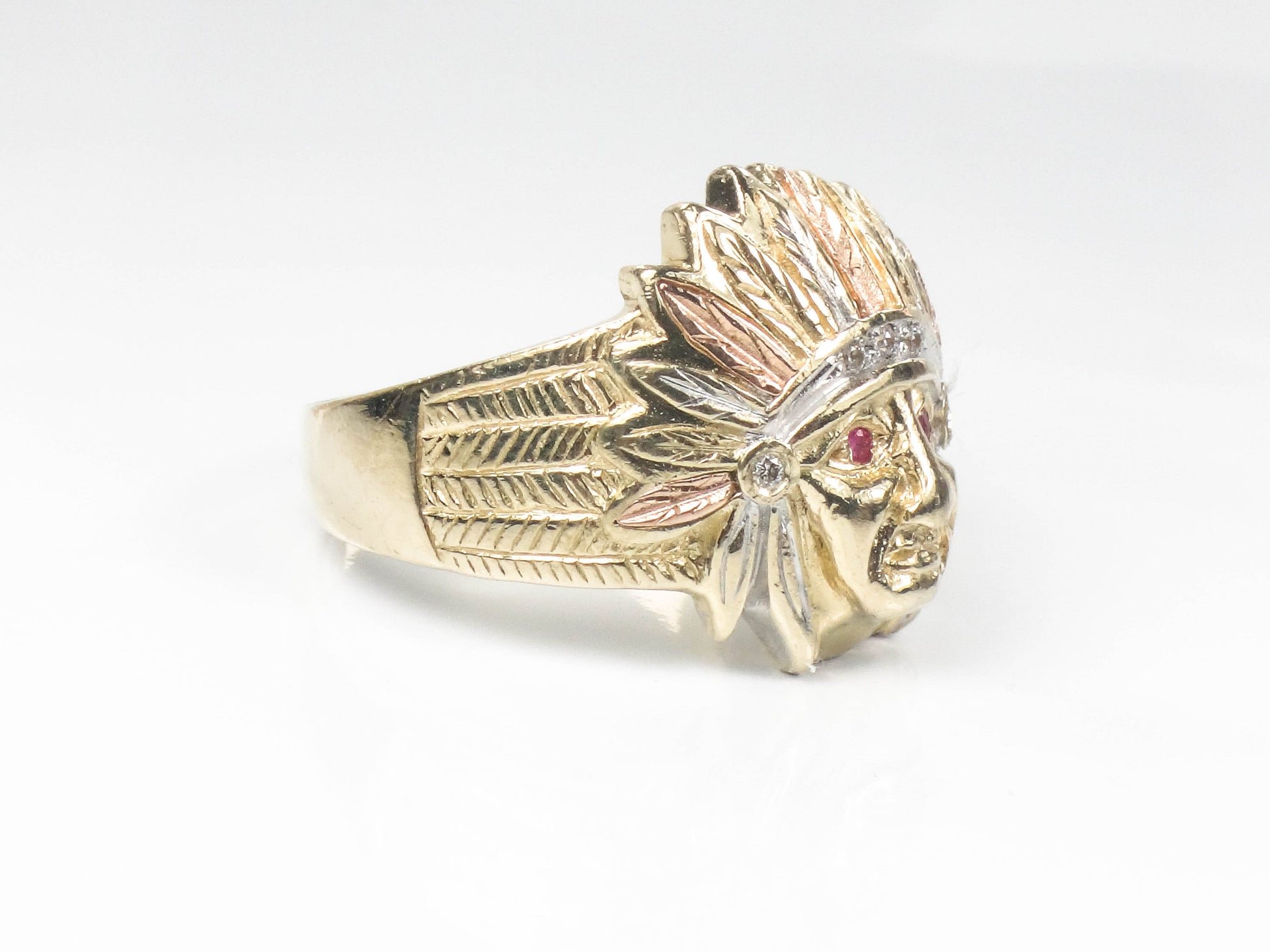 Vintage 14k Gold Indian Chief Ring: Diamond & Ruby Headdress, Size 10, Tri-Color