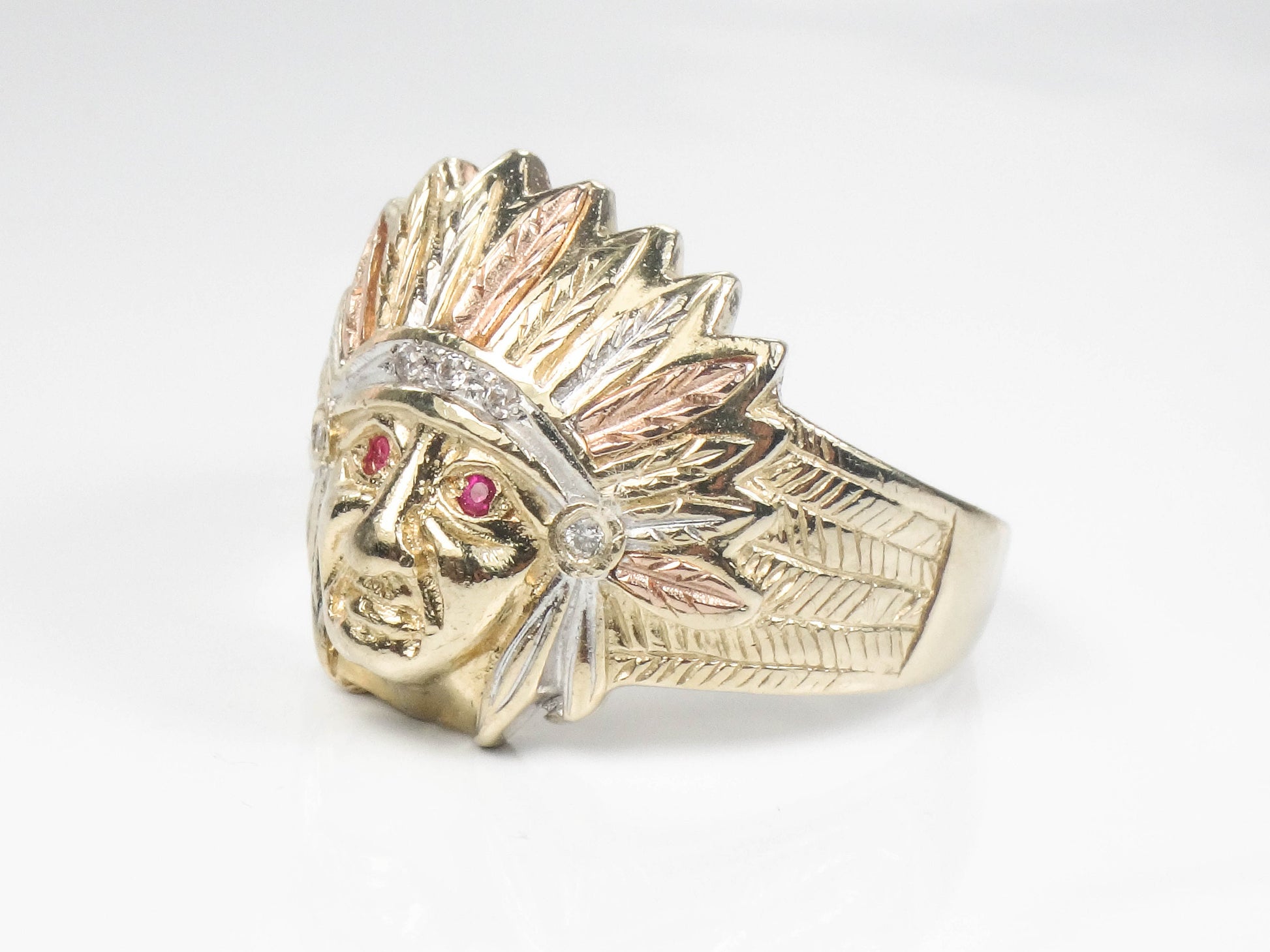 Vintage 14k Gold Indian Chief Ring: Diamond & Ruby Headdress, Size 10, Tri-Color