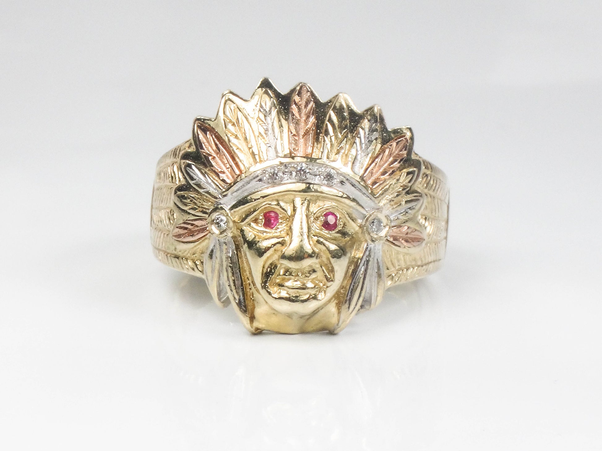 Vintage 14k Gold Indian Chief Ring: Diamond & Ruby Headdress, Size 10, Tri-Color