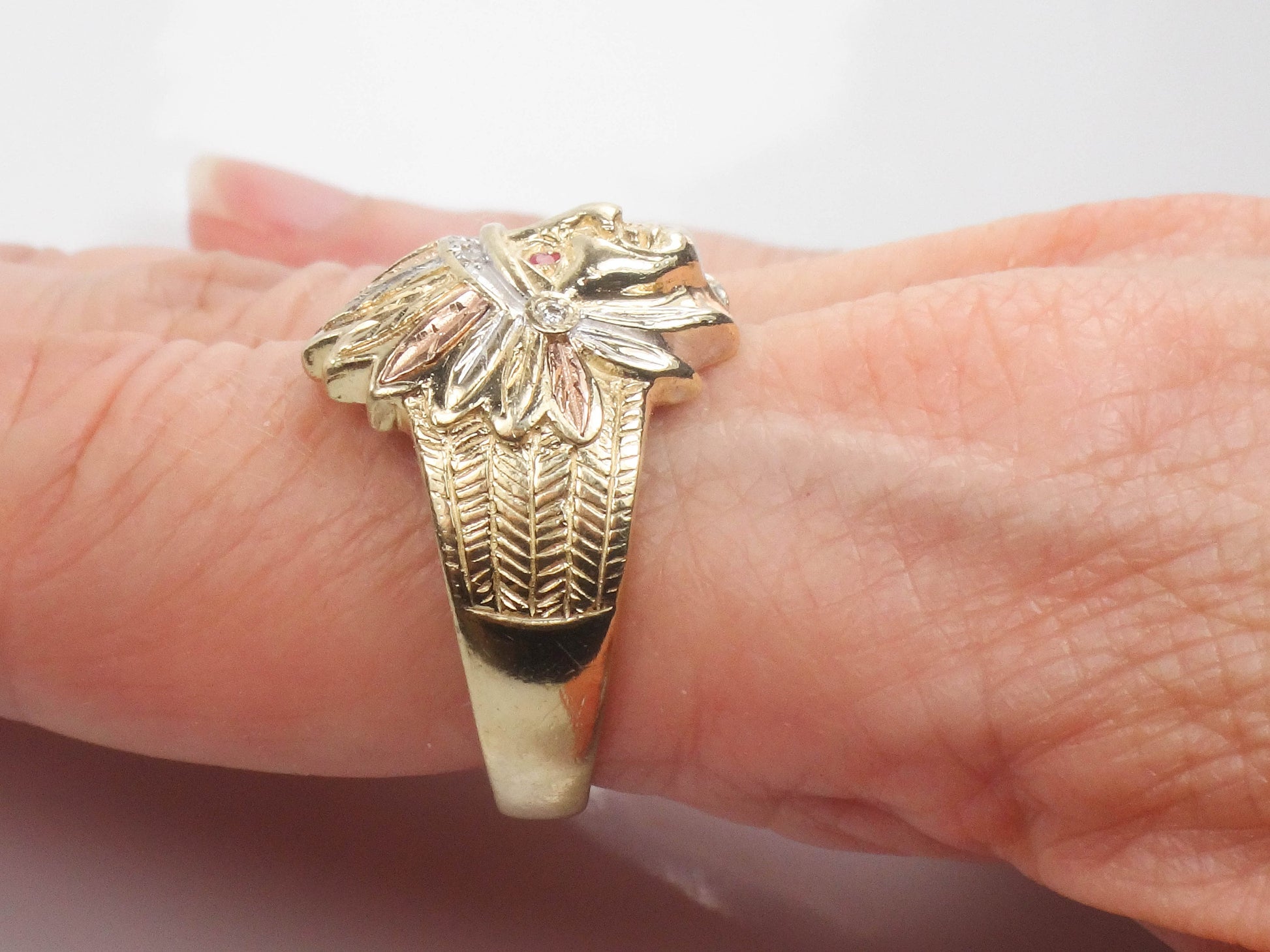Vintage 14k Gold Indian Chief Ring: Diamond & Ruby Headdress, Size 10, Tri-Color