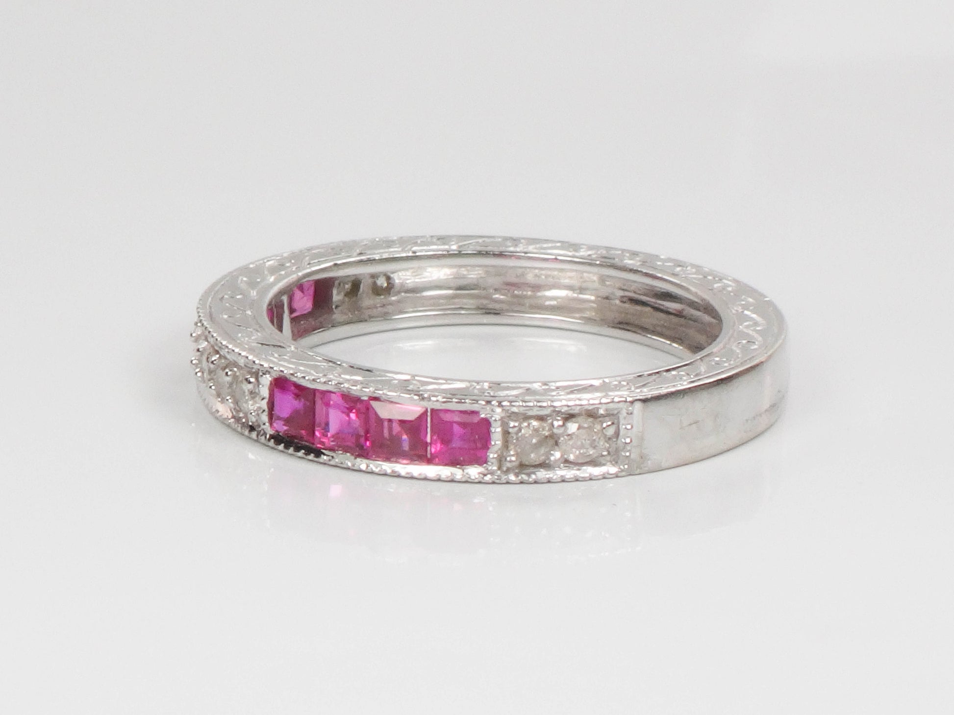 Vintage 14k White Gold Diamond Ruby Ring: Art Deco Style Stacking Band (Size 6.5)