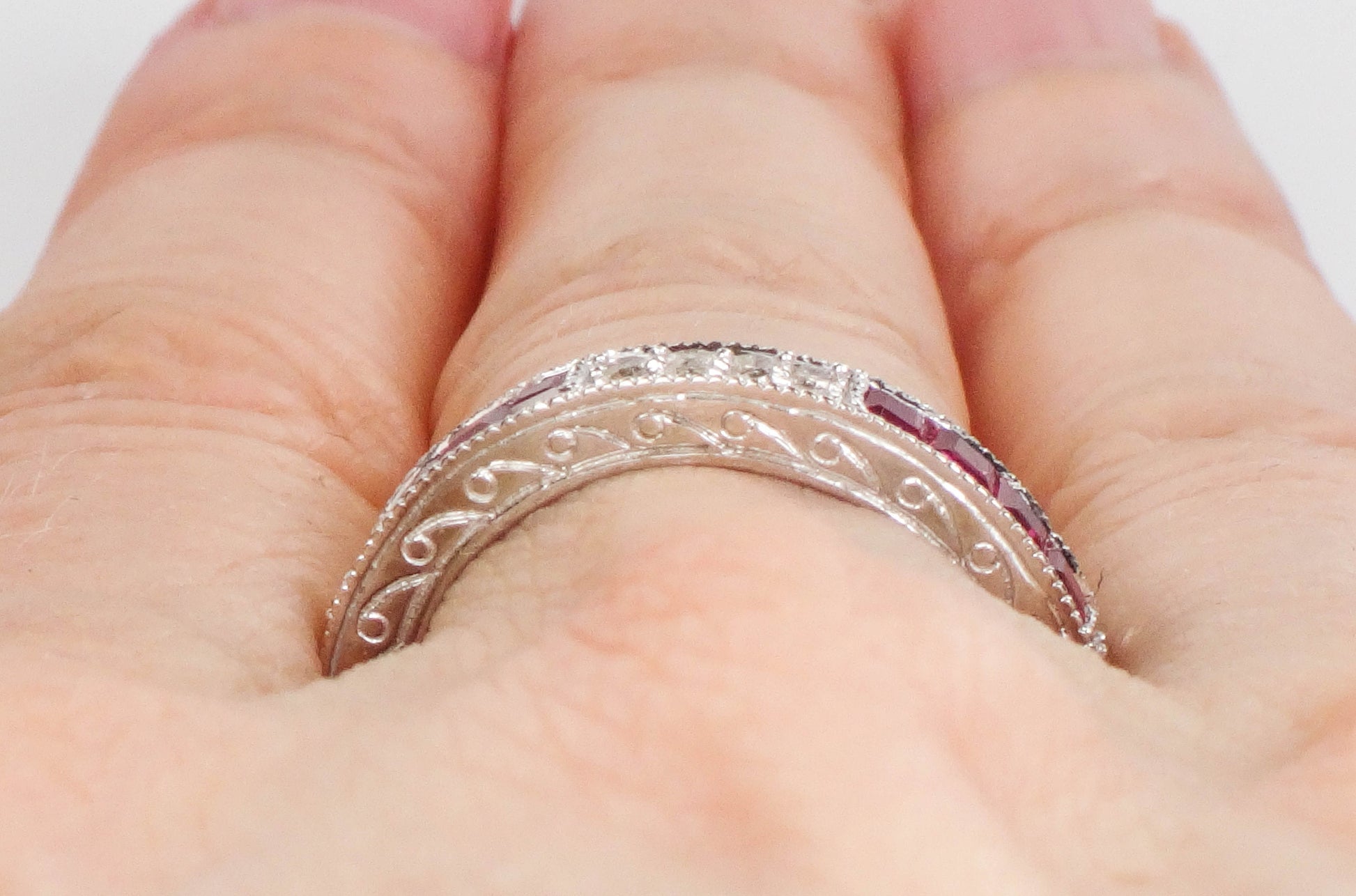 Vintage 14k White Gold Diamond Ruby Ring: Art Deco Style Stacking Band (Size 6.5)