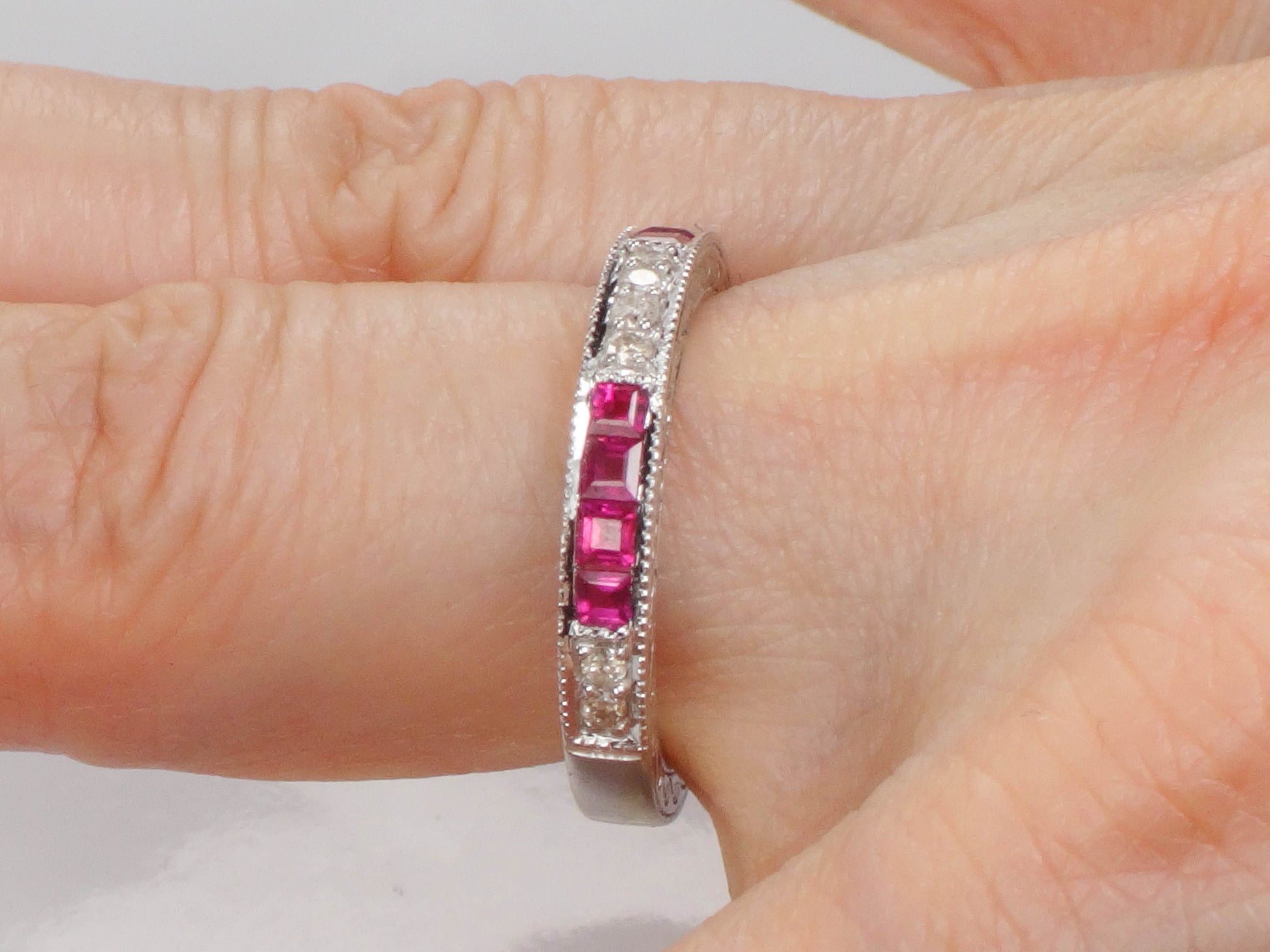 Vintage 14k White Gold Diamond Ruby Ring: Art Deco Style Stacking Band (Size 6.5)