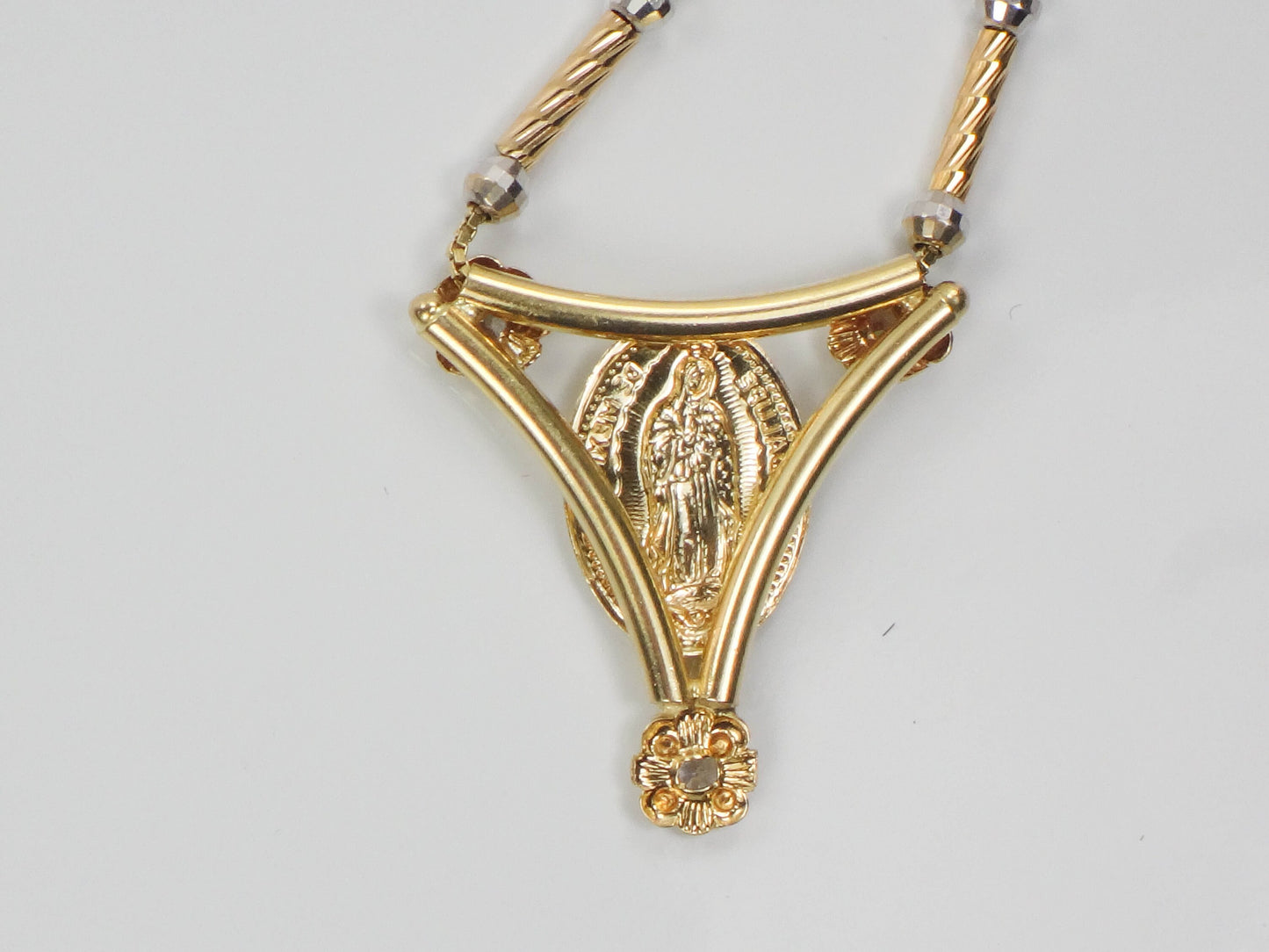 Vintage 14k Two Tone Gold NSD Guadalupe de Mexico 1804 Necklace with CZ Stones 16" Italian Gold