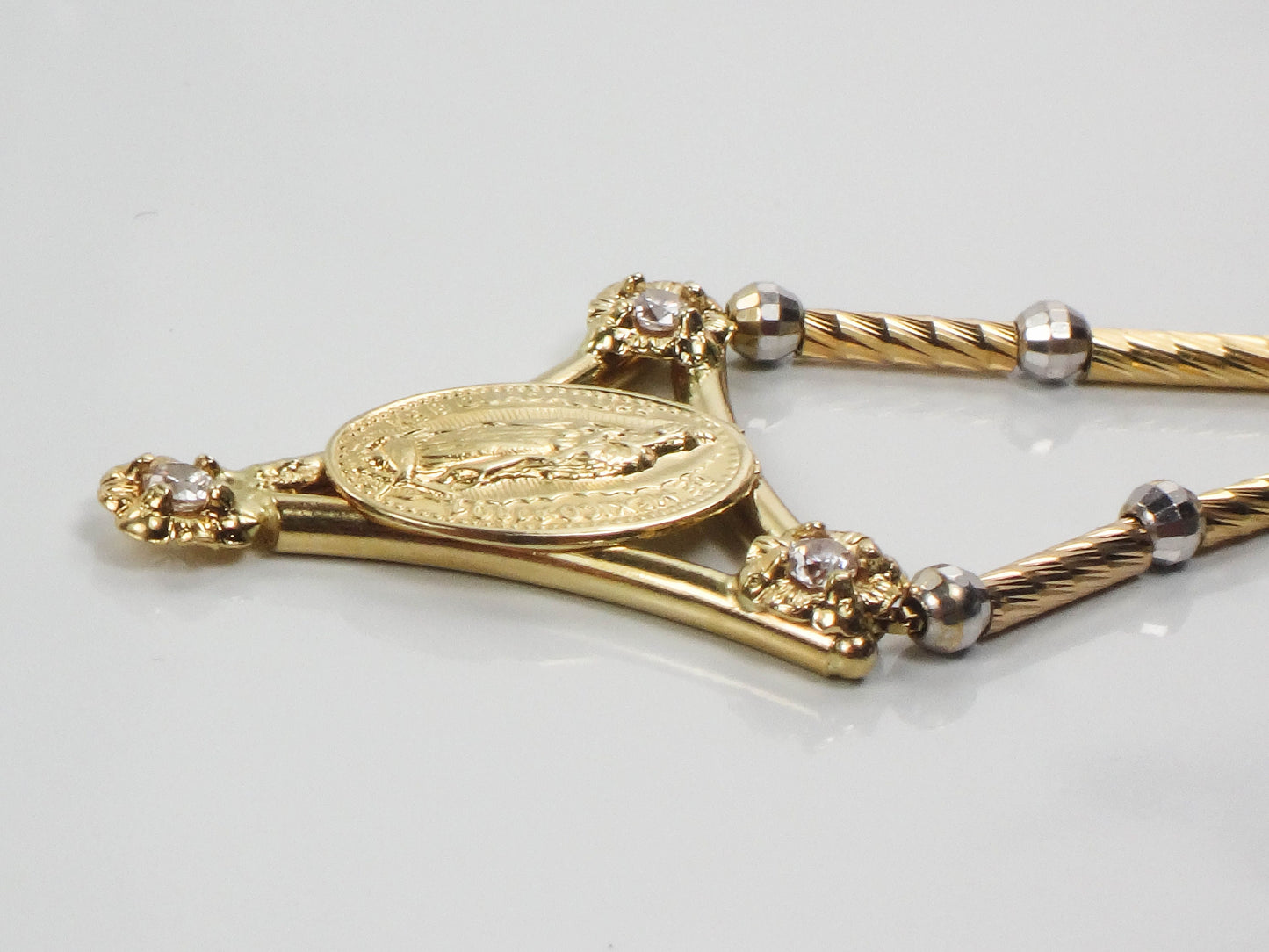 Vintage 14k Two Tone Gold NSD Guadalupe de Mexico 1804 Necklace with CZ Stones 16" Italian Gold
