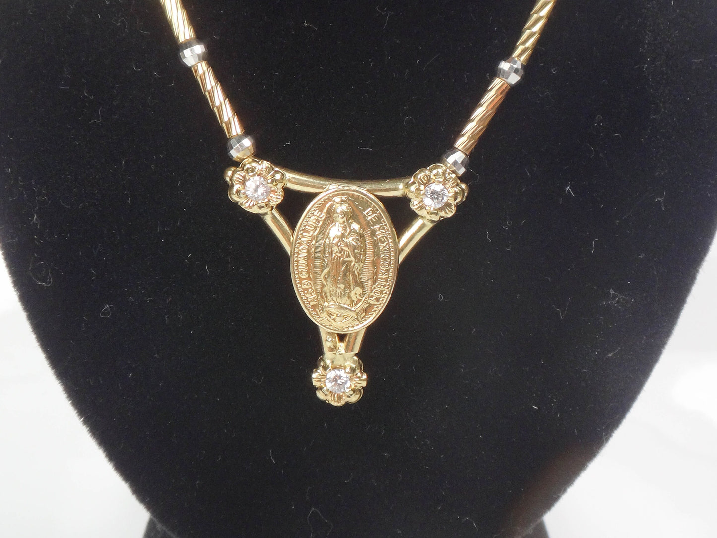 Vintage 14k Two Tone Gold NSD Guadalupe de Mexico 1804 Necklace with CZ Stones 16" Italian Gold