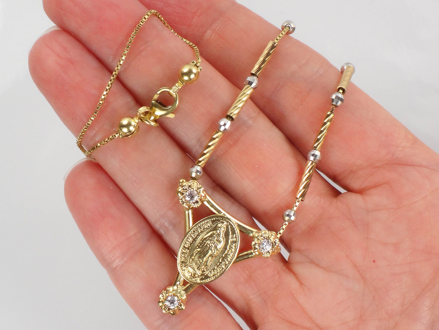 Vintage 14k Two Tone Gold NSD Guadalupe de Mexico 1804 Necklace with CZ Stones 16" Italian Gold