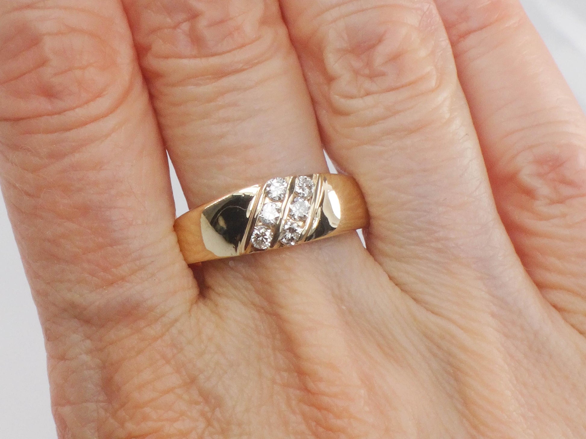 Vintage 14k Yellow Gold Two Row Natural Diamond Ring, Size 8 Diamond Band