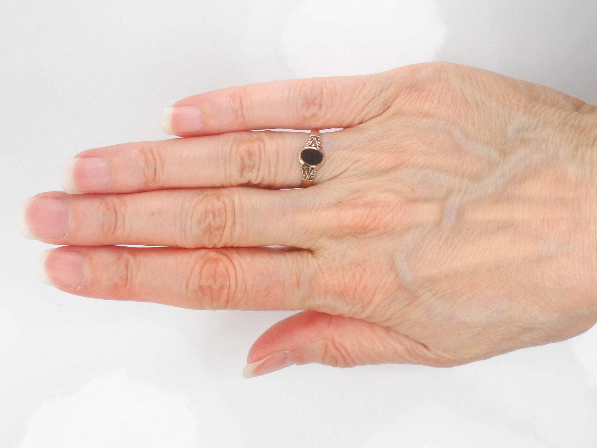 Victorian 10k Yellow Gold Black Onyx Ring, Small Mourning Ring Circa 1890's Size 5.25