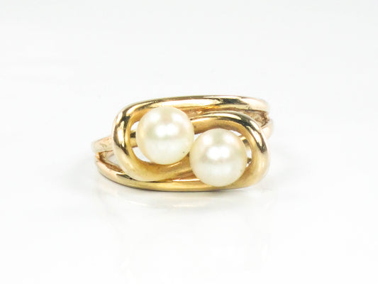 Vintage 14k Yellow Gold Pearl Ring: Moi et Toi Style, Size 6.75