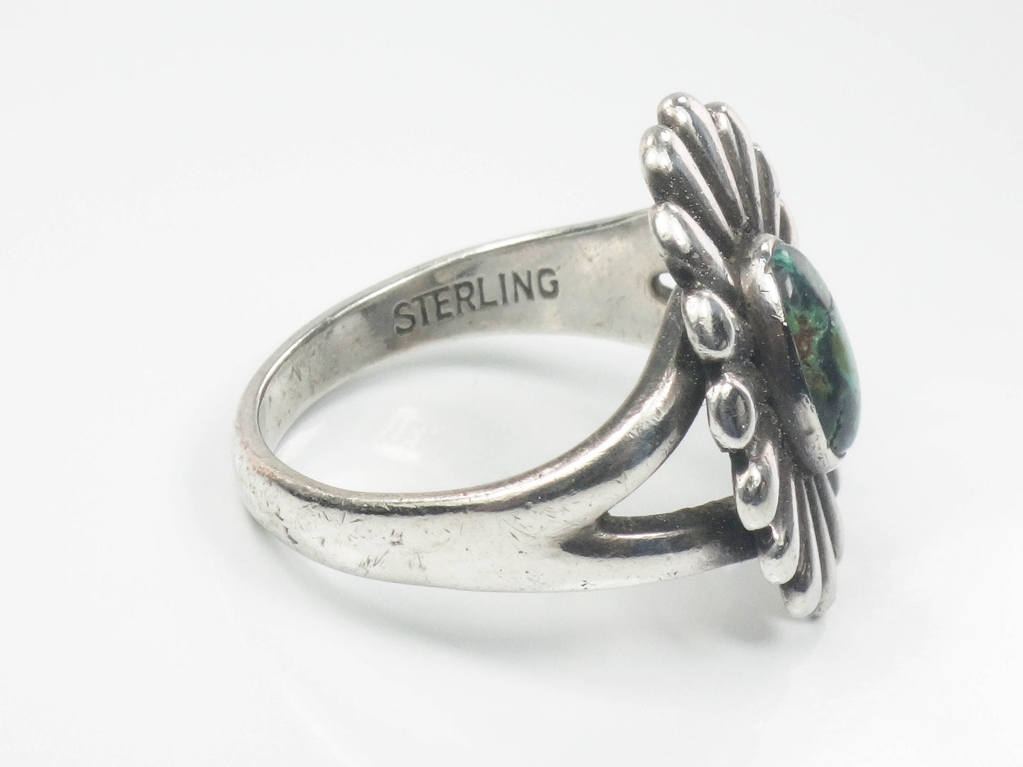 Vintage Sterling Silver Green Turquoise Flower Ring with Native American Style