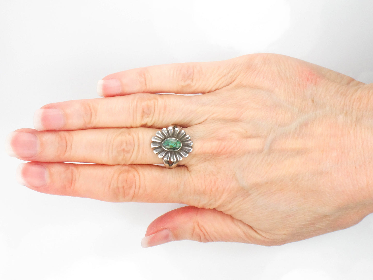 Vintage Sterling Silver Green Turquoise Flower Ring with Native American Style