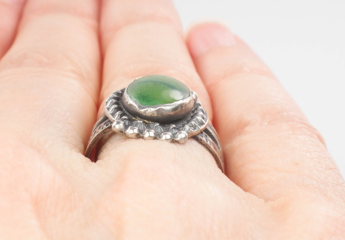 Vintage Green Turquoise Sterling Silver Ring - Native American Style, Size 6.5