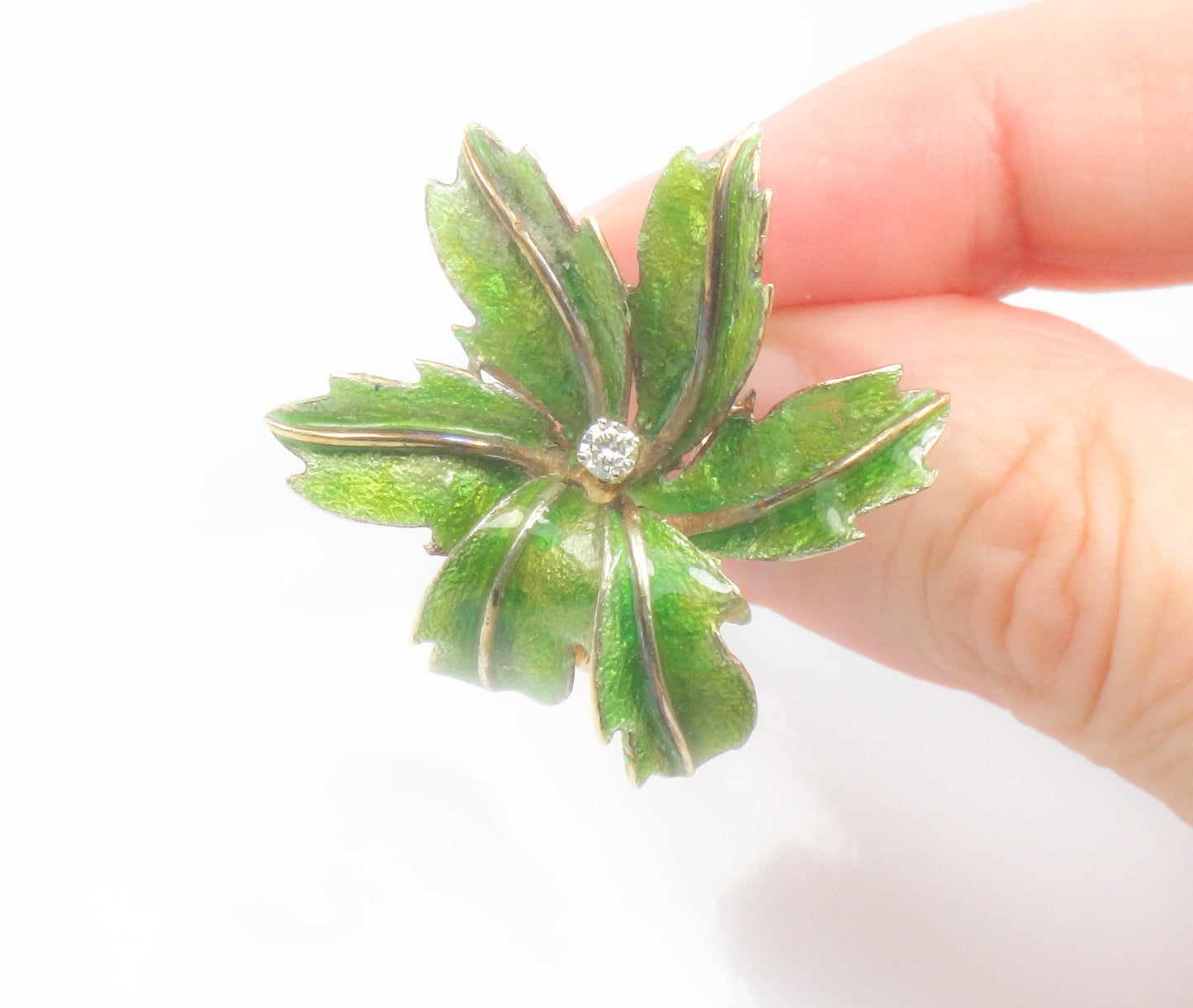 Vintage Large 14k Gold Green Enamel Floral Leaf Diamond Cocktail Ring Size 6.25