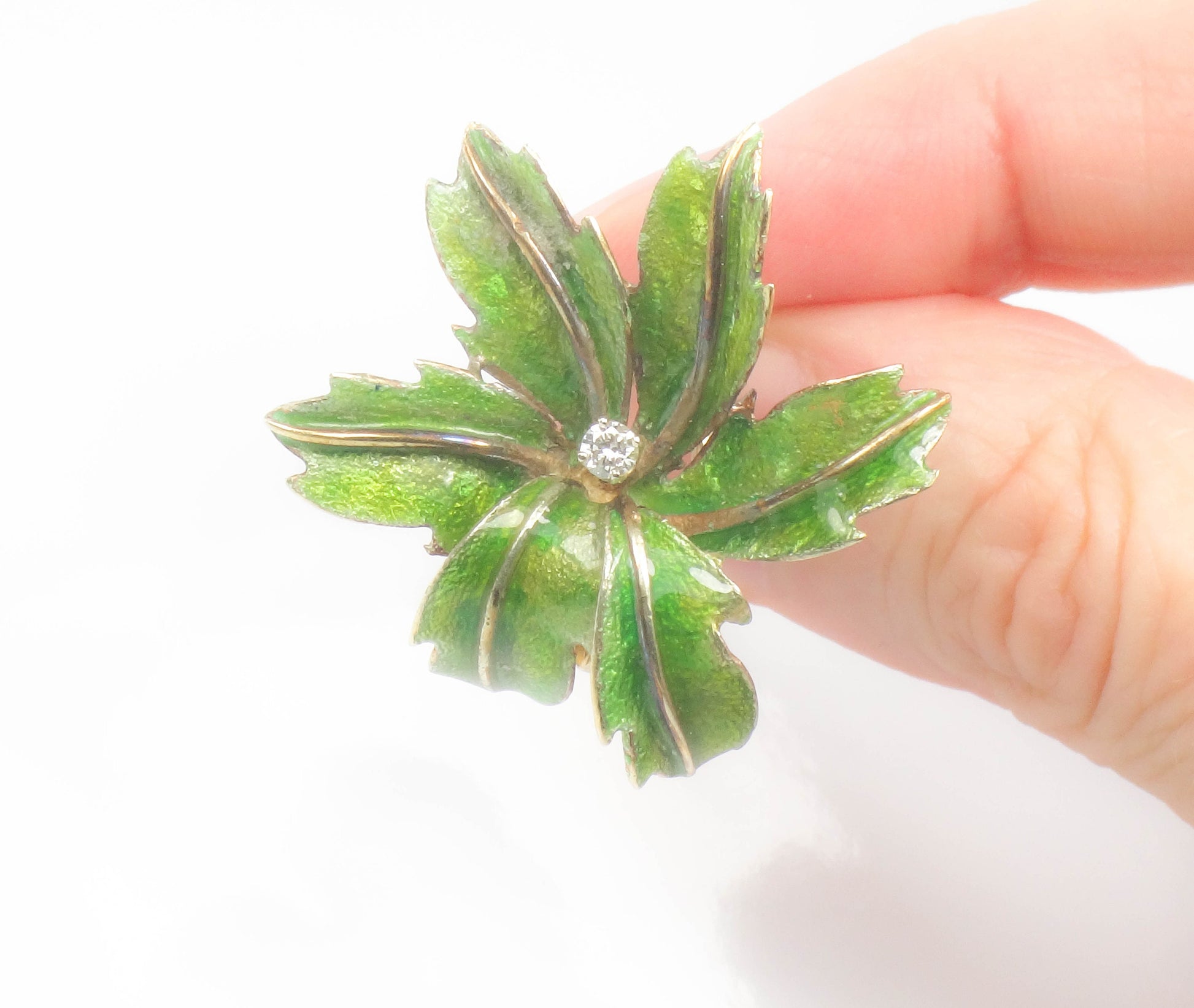 Vintage Large 14k Gold Green Enamel Floral Leaf Diamond Cocktail Ring Size 6.25