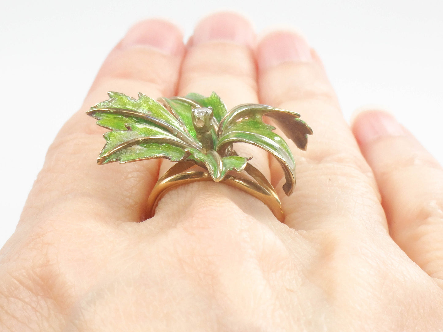 Vintage Large 14k Gold Green Enamel Floral Leaf Diamond Cocktail Ring Size 6.25