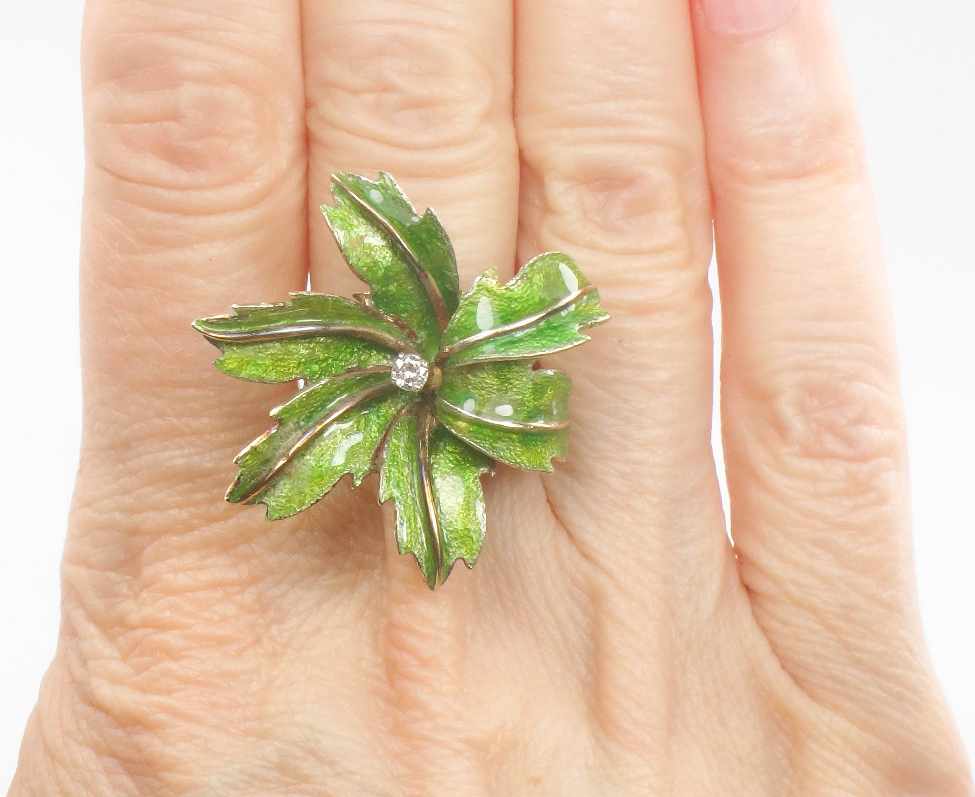 Vintage Large 14k Gold Green Enamel Floral Leaf Diamond Cocktail Ring Size 6.25