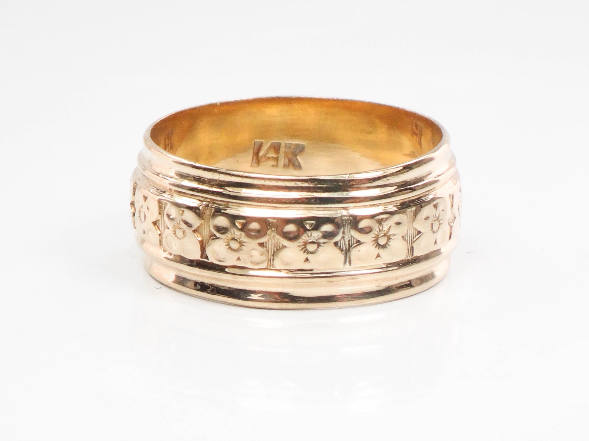 Vintage Wide 14k Yellow Gold Orange Blossom Floral Wedding Band Size 6 1/4