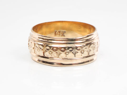 Vintage Wide 14k Yellow Gold Orange Blossom Floral Wedding Band Size 6 1/4