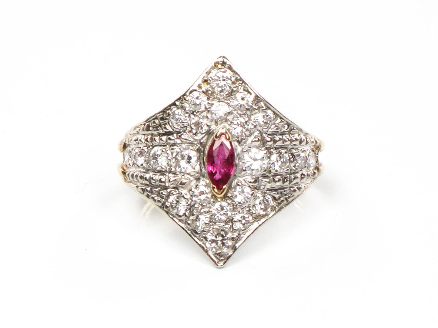 Vintage 14k Two Tone Gold Natural Ruby and Diamond Shield Ring Size 4.5 Cigar Band Style
