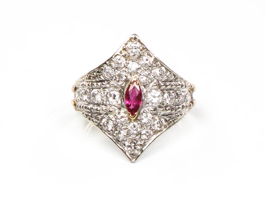 Vintage 14k Two Tone Gold Ruby Diamond Cigar Band Ring - Size 4.5