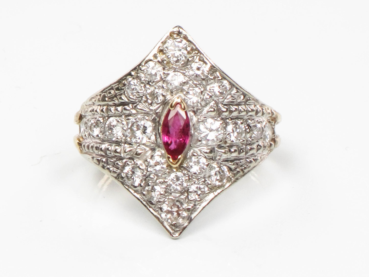 Vintage 14k Two Tone Gold Natural Ruby and Diamond Shield Ring Size 4.5 Cigar Band Style