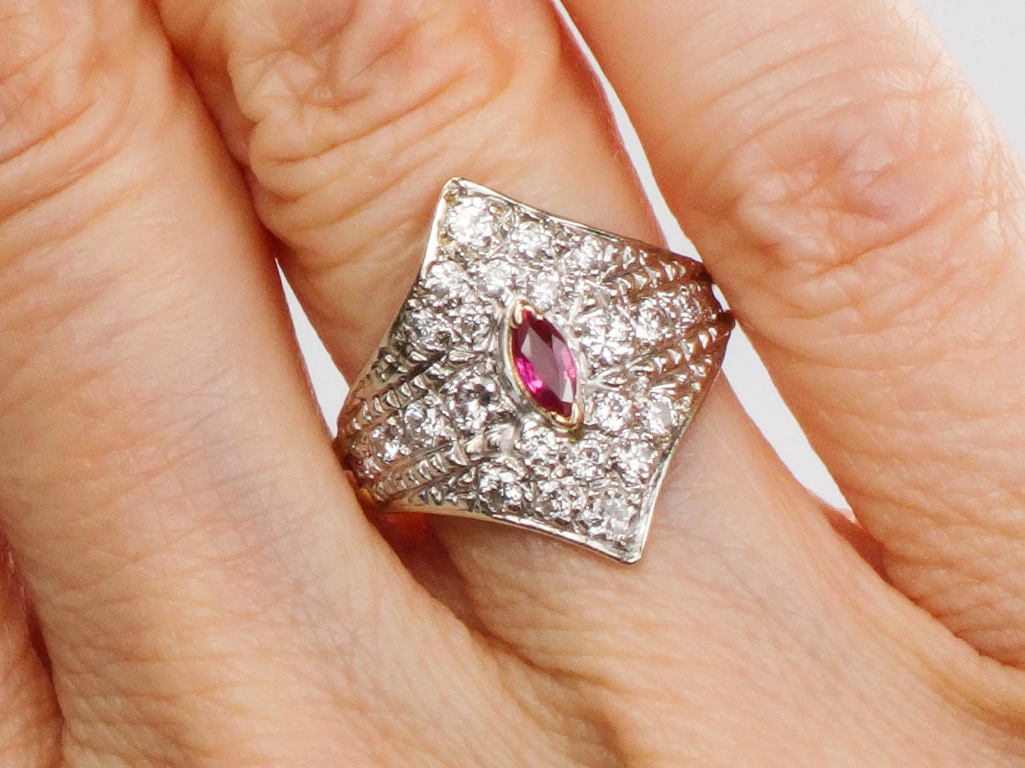 Vintage 14k Two Tone Gold Natural Ruby and Diamond Shield Ring Size 4.5 Cigar Band Style