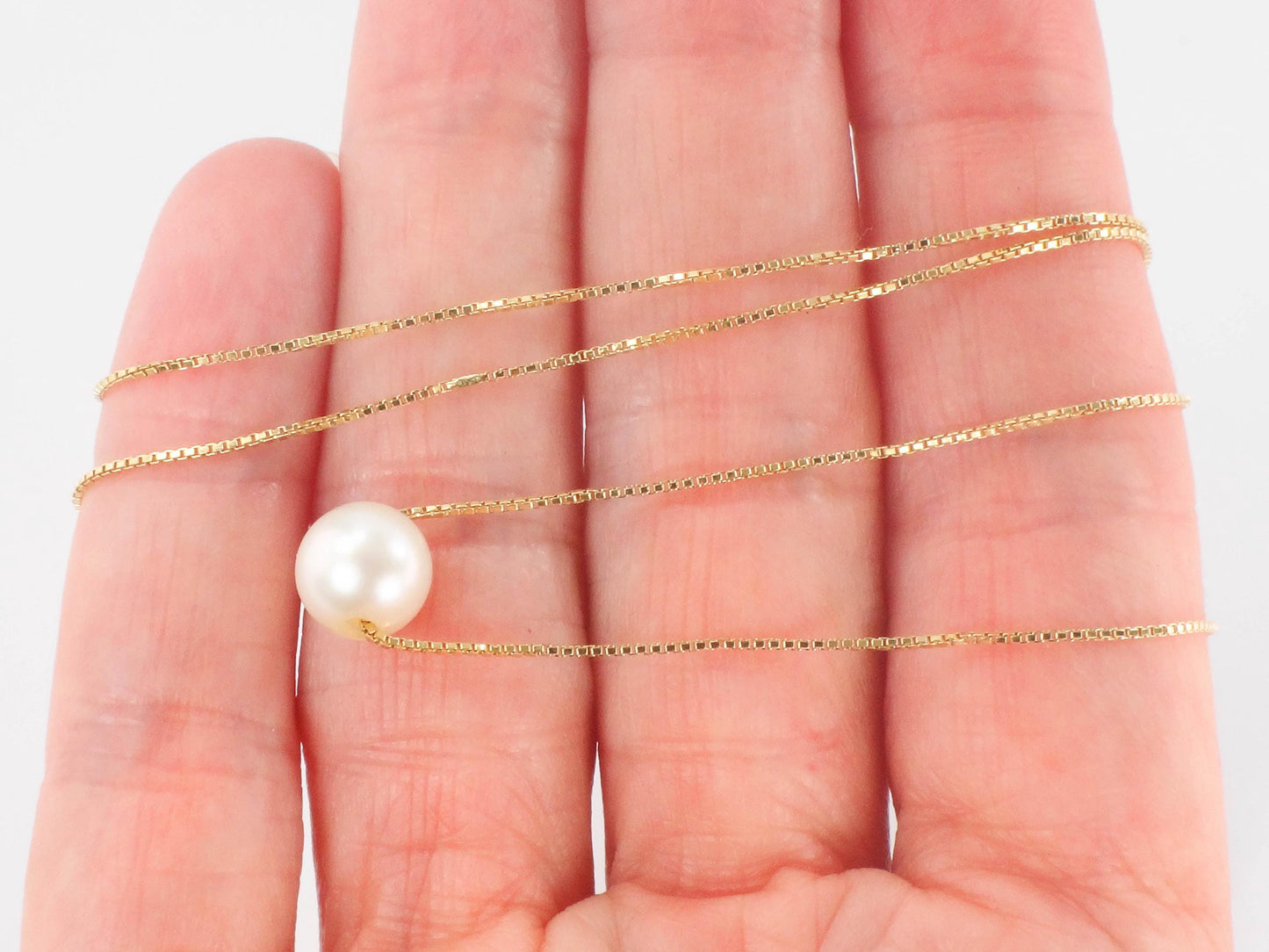 18k Pearl Necklace - Yellow Gold Minimalist 7.5 MM White Cultured Pendant 20" - Vintage Fine Bridal Jewelry