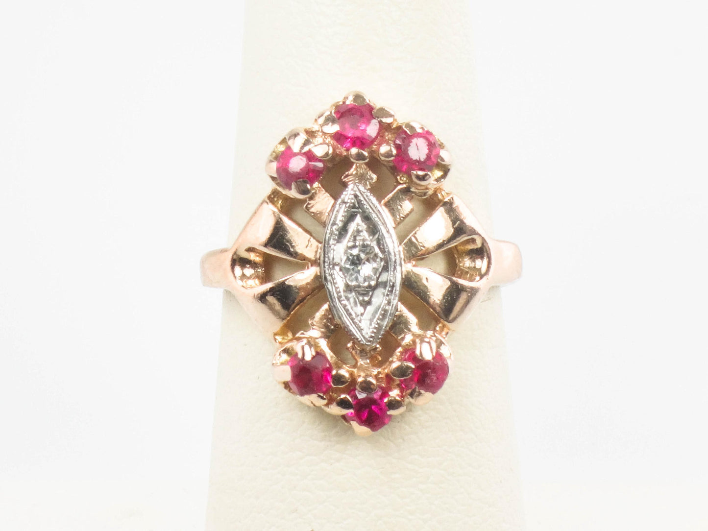 1940s Retro 14k Rose Gold Ruby Diamond Ring - July Birthstone, Size 6