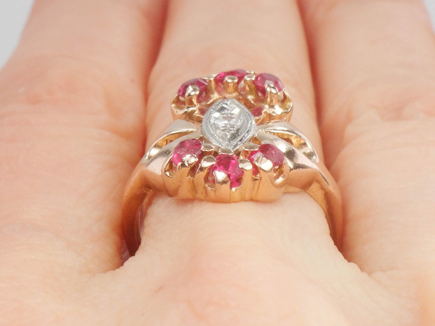 Rose Gold Ruby and Diamond Ring - Retro 1940's 14k July Birthstone Ring - Size 6 - Fine Jewelry