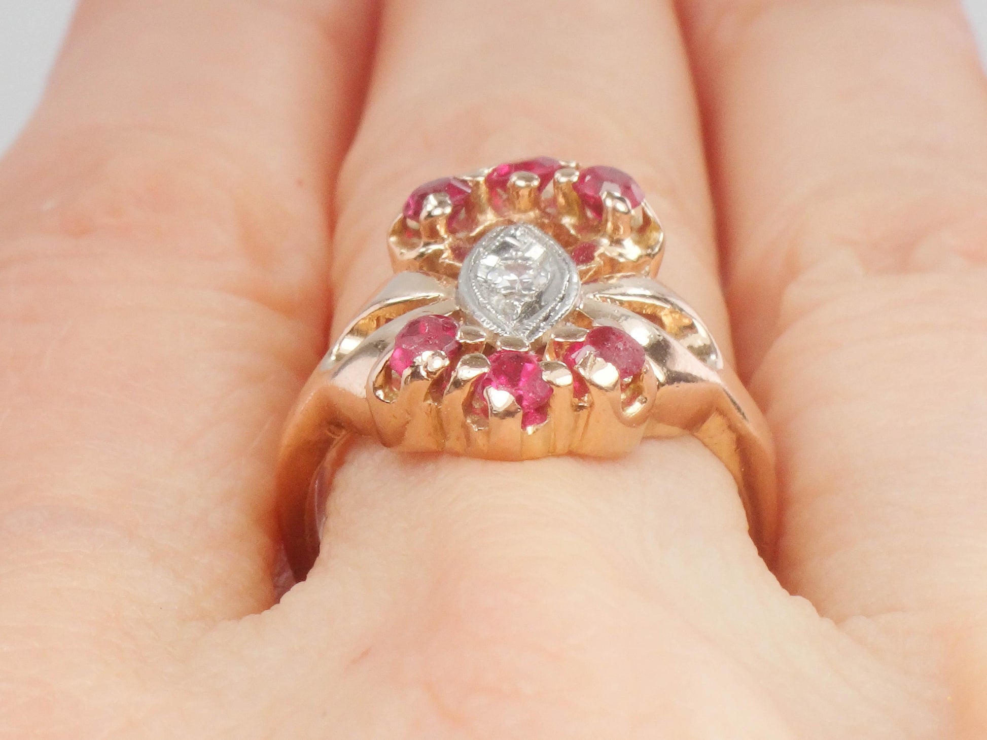 1940s Retro 14k Rose Gold Ruby Diamond Ring - July Birthstone, Size 6