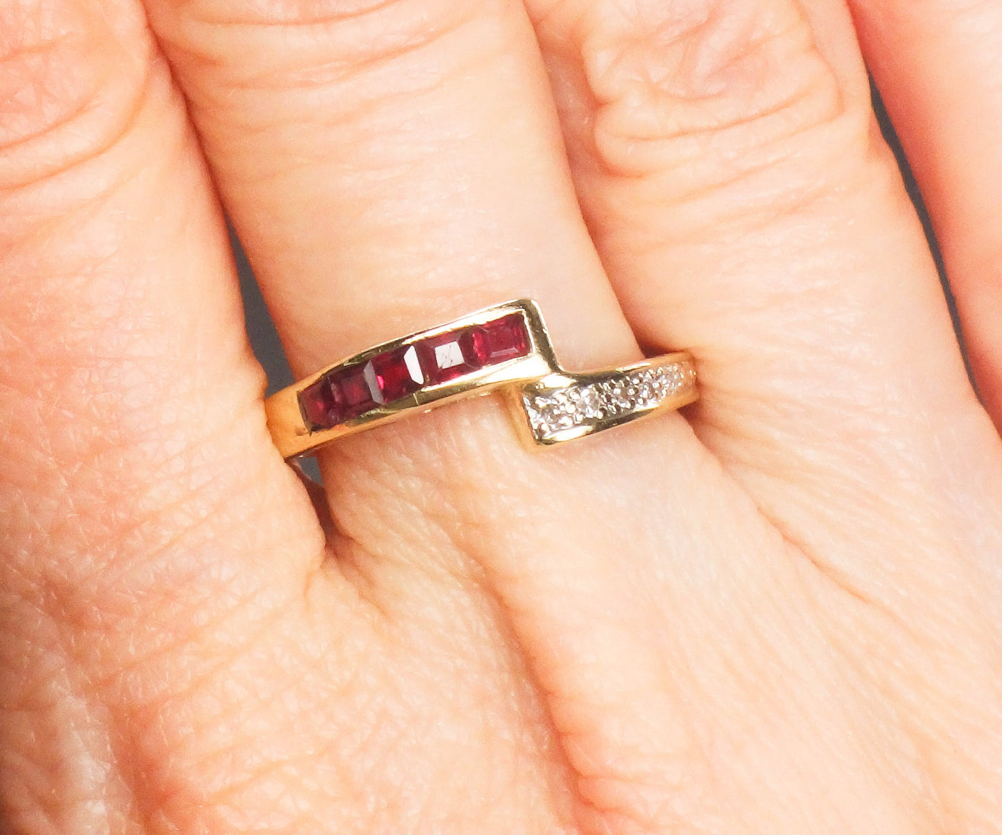 Vintage 14k Yellow Gold Ruby and Diamond Ring Crossover Style Ring Size 7.75