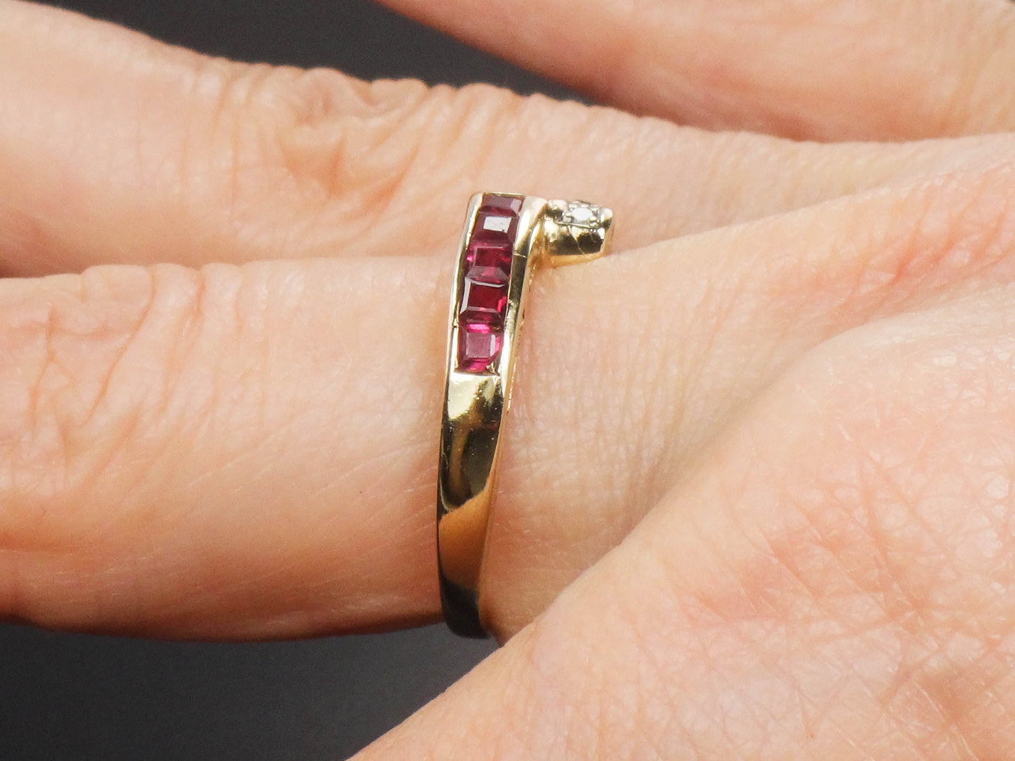 Vintage 14k Yellow Gold Ruby and Diamond Ring Crossover Style Ring Size 7.75