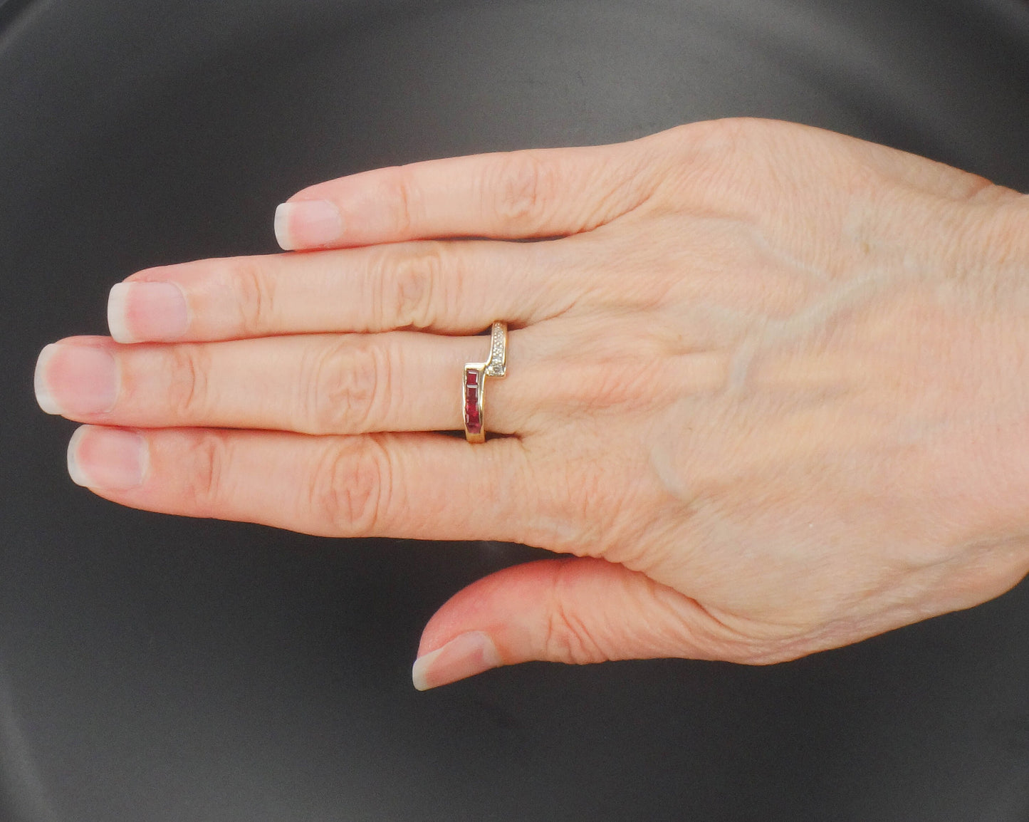 Vintage 14k Yellow Gold Ruby and Diamond Ring Crossover Style Ring Size 7.75