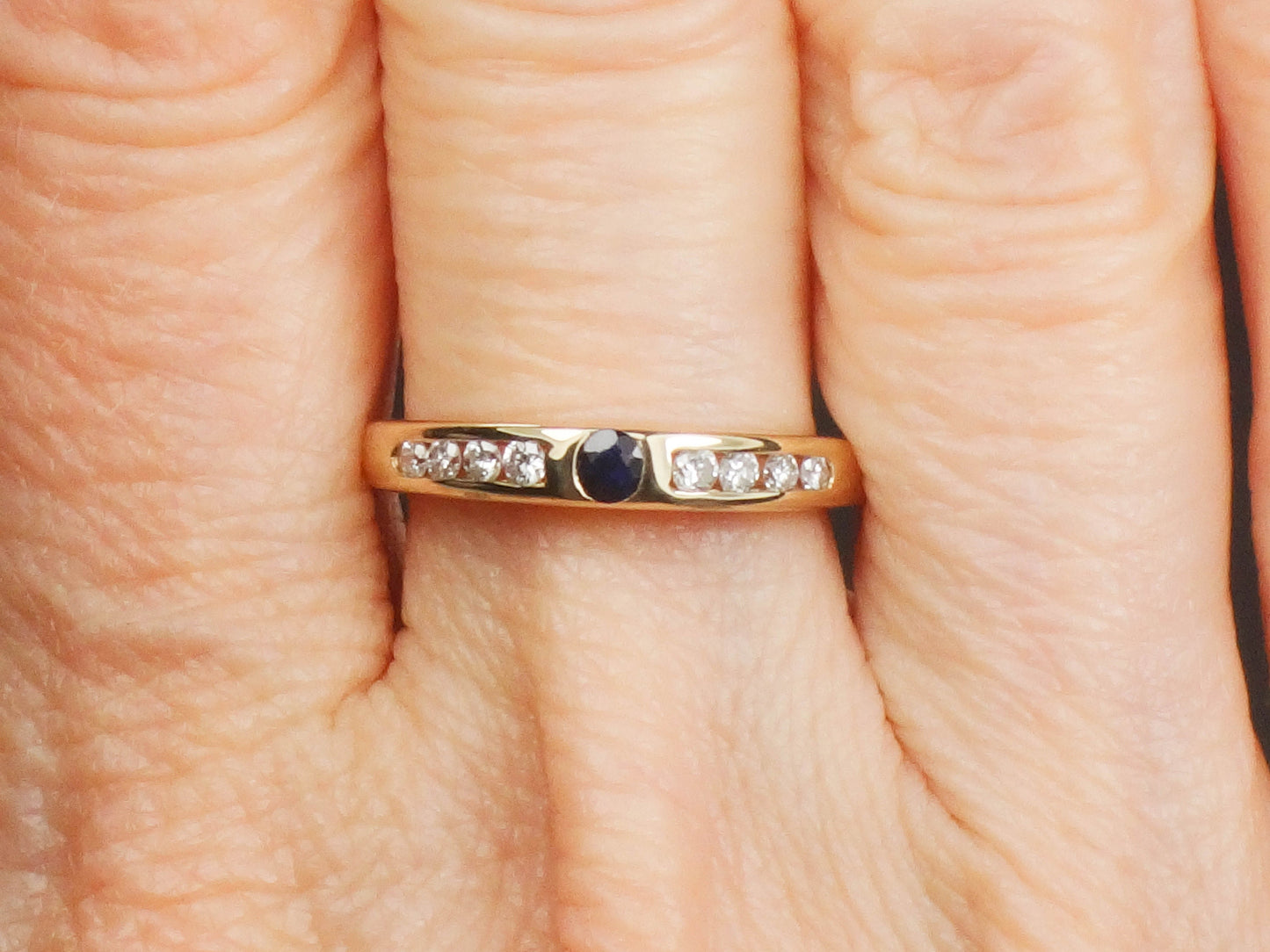 Vintage 14k Yellow Gold Natural Blue Sapphire and Diamond Band - Stacking Ring - Size 6
