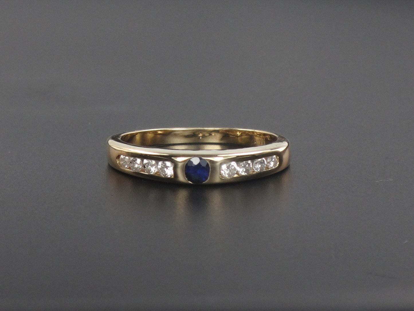 Vintage 14k Yellow Gold Natural Blue Sapphire and Diamond Band - Stacking Ring - Size 6