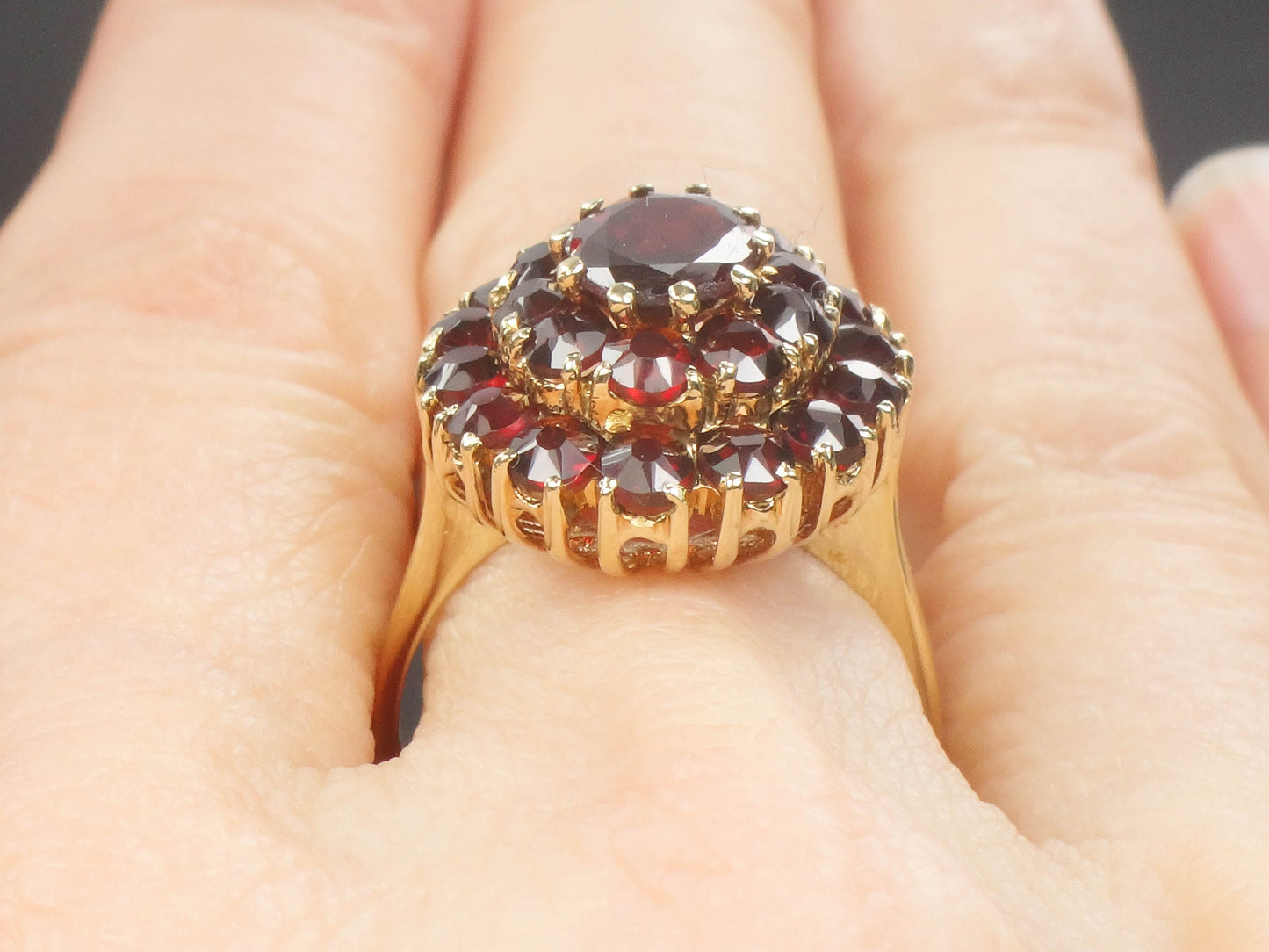 Vintage 14k Yellow Gold Bohemian Garnet Cluster Ring January Birthstone Size 7.25