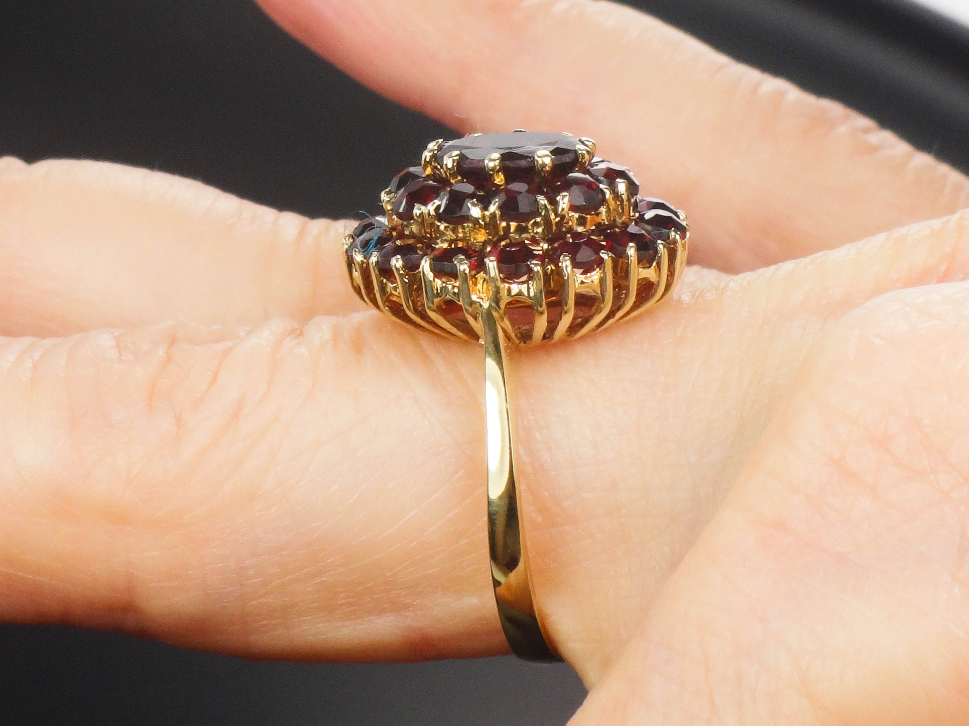 Vintage 14k Yellow Gold Bohemian Garnet Cluster Ring January Birthstone Size 7.25