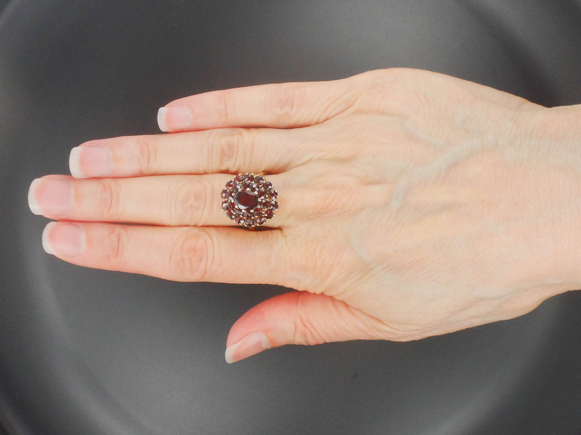 Vintage 14k Yellow Gold Bohemian Garnet Cluster Ring January Birthstone Size 7.25