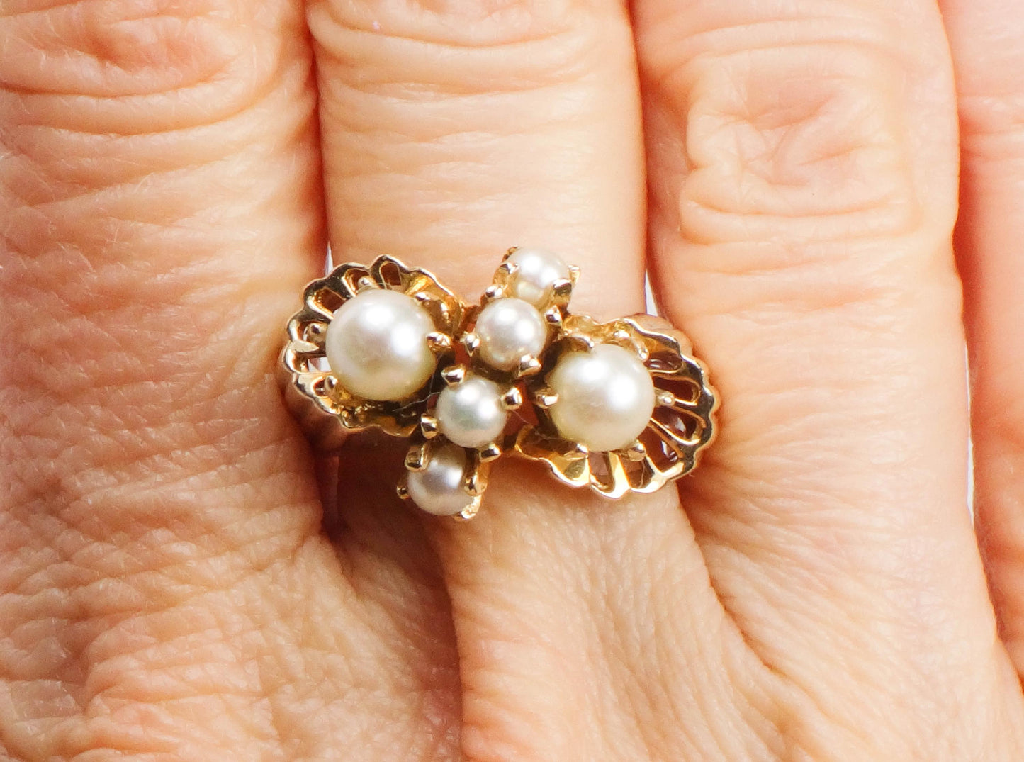 Vintage 14k Yellow Gold Cultured Pearl Cluster Ring, June Birthstone Jewelry, Size 7