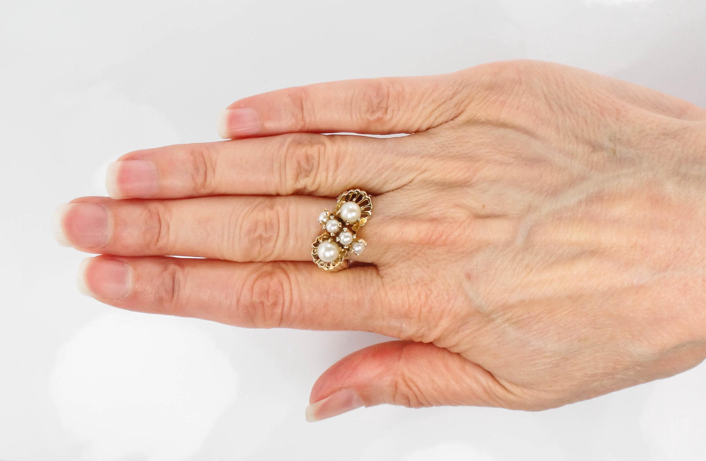 Vintage 14k Yellow Gold Cultured Pearl Cluster Ring, June Birthstone Jewelry, Size 7