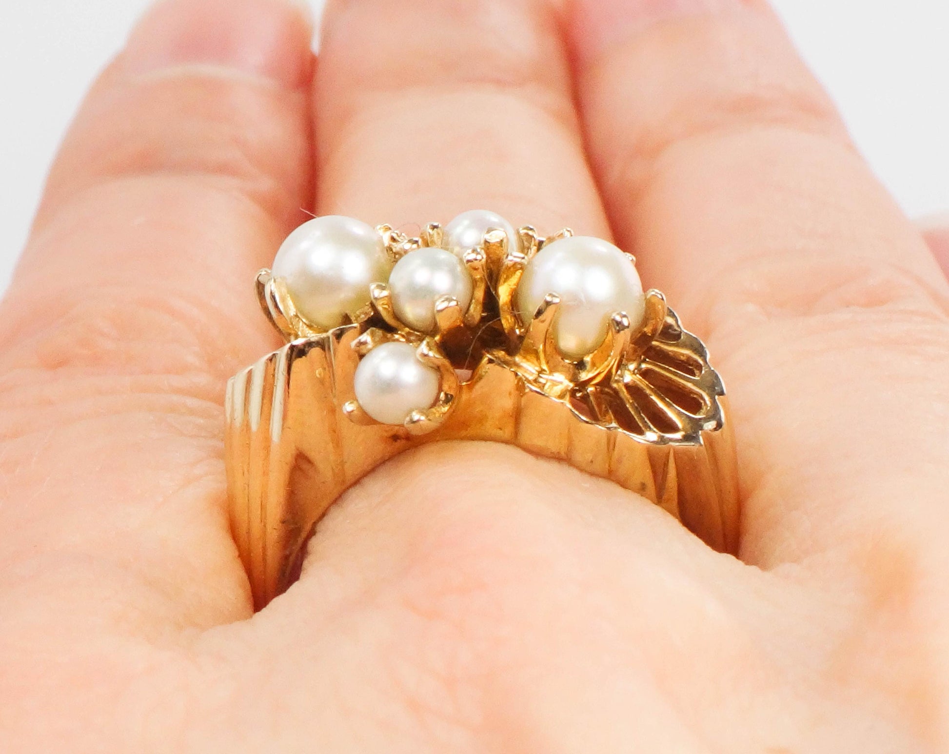 Vintage 14k Yellow Gold Cultured Pearl Cluster Ring, June Birthstone Jewelry, Size 7