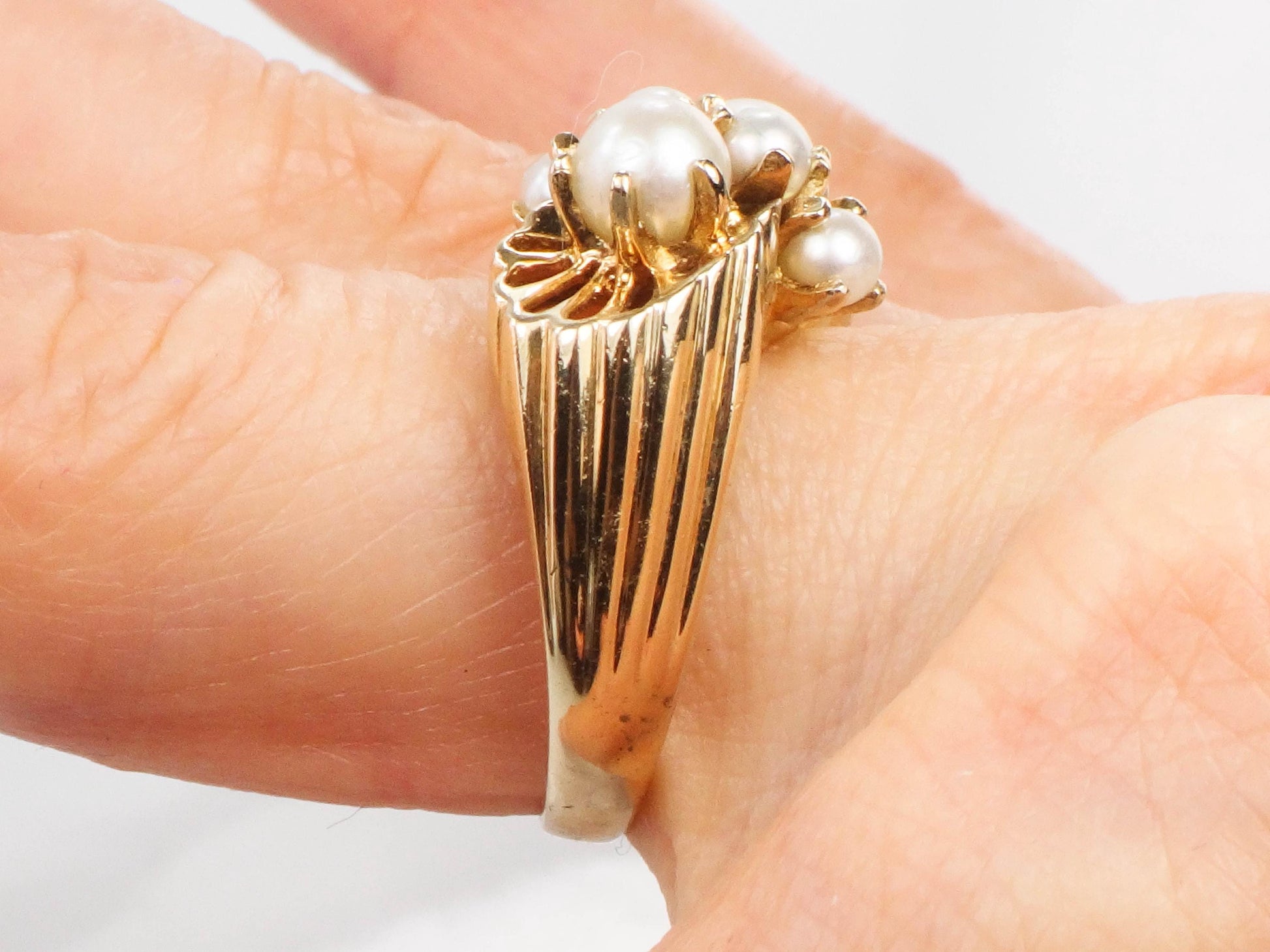 Vintage 14k Yellow Gold Cultured Pearl Cluster Ring, June Birthstone Jewelry, Size 7